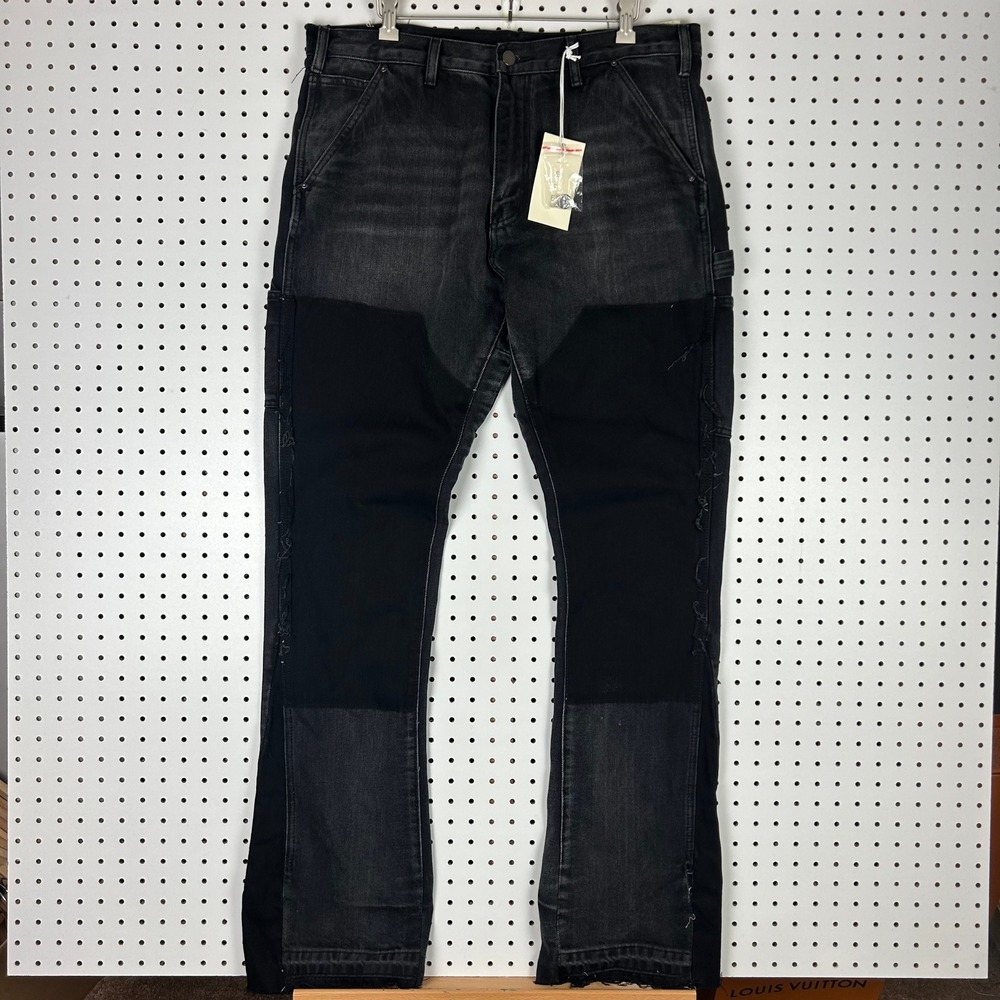 MNML Flare Work Denim Black Jeans Men 34x36 Double Knee Streetwear NWT Carpenter